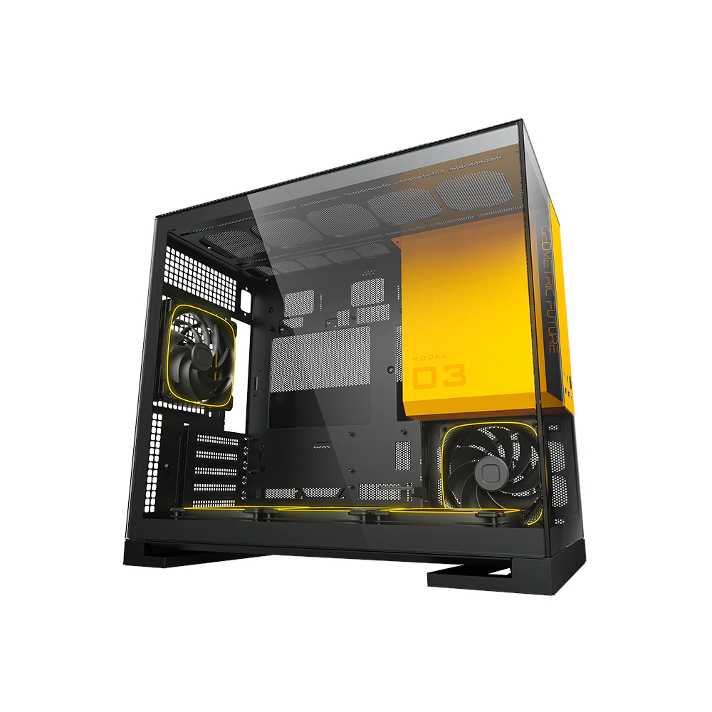 A large main feature product image of Geometric Future Model 3 - Micro Tower Glass Case (Black/Yellow)