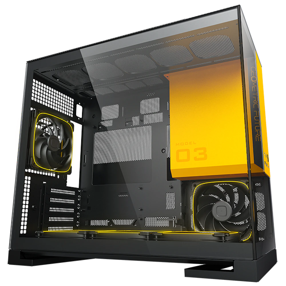 A large main feature product image of Geometric Future Model 3 - Micro Tower Glass Case (Black/Yellow)