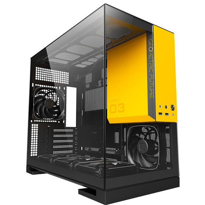 A large main feature product image of Geometric Future Model 3 - Micro Tower Glass Case (Black/Yellow)