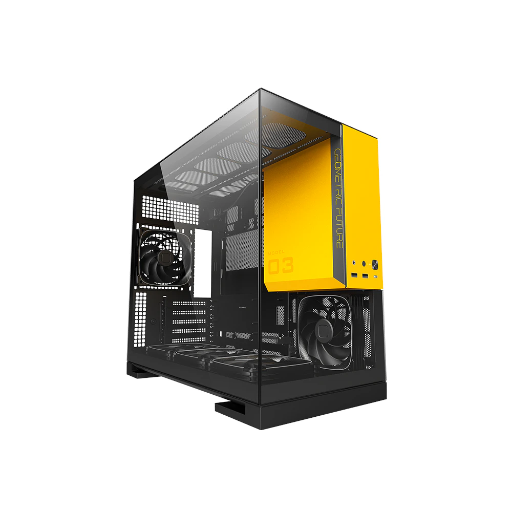 A large main feature product image of Geometric Future Model 3 - Micro Tower Glass Case (Black/Yellow)