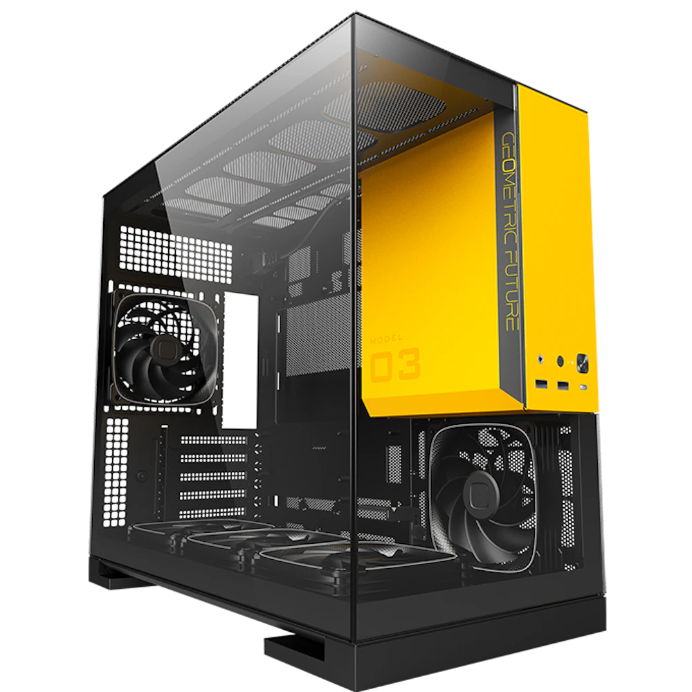 A large main feature product image of Geometric Future Model 3 - Micro Tower Glass Case (Black/Yellow)