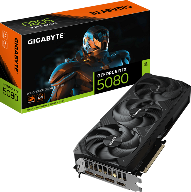 A large main feature product image of Gigabyte GeForce RTX 5080 WINDFORCE OC V2 SFF 16GB GDDR7