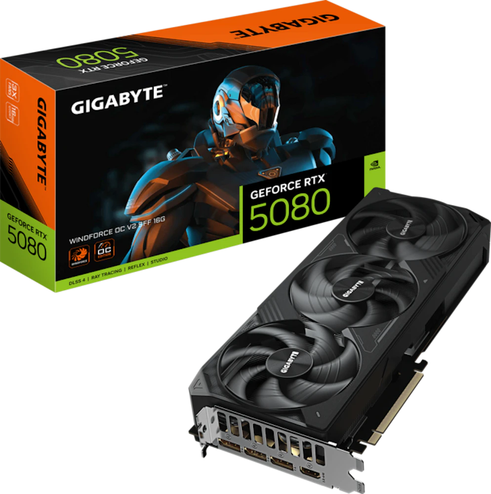A large main feature product image of Gigabyte GeForce RTX 5080 Windforce OC V2 SFF 16GB GDDR7