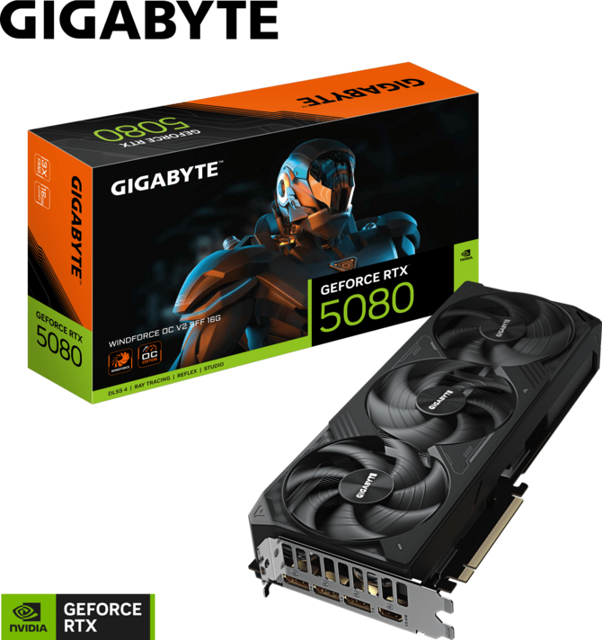 A large main feature product image of Gigabyte GeForce RTX 5080 WINDFORCE OC V2 SFF 16GB GDDR7