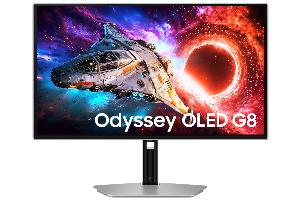 A large main feature product image of Samsung Odyssey OLED G8 G80SH - 27" 4K 240Hz 0.03ms QD-OLED Gaming Monitor