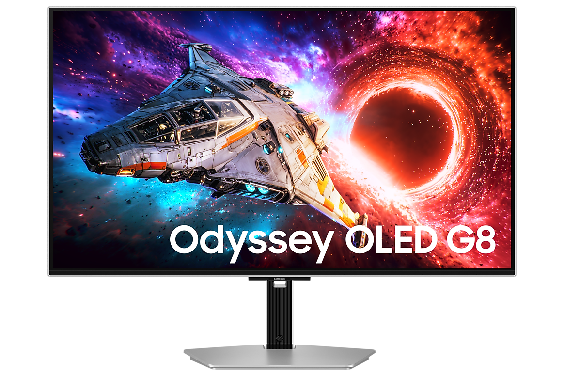 A large main feature product image of Samsung Odyssey OLED G8 G80SH - 32" 4K 240Hz 0.03ms QD-OLED Gaming Monitor