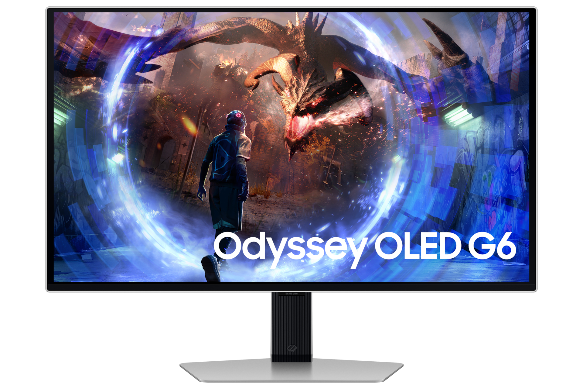 A large main feature product image of Samsung Odyssey OLED G6 G60SD - 27" 1440p 360Hz 0.03ms OLED Gaming Monitor