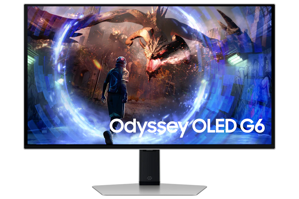 A large main feature product image of Samsung Odyssey OLED G6 G60SD - 27" 1440p 360Hz 0.03ms OLED Gaming Monitor