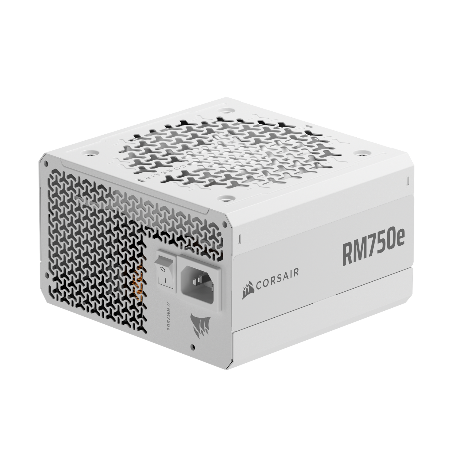 A large main feature product image of EX-DEMO Corsair RM750e - 750W Gold ATX 3.1 Modular PSU (White)