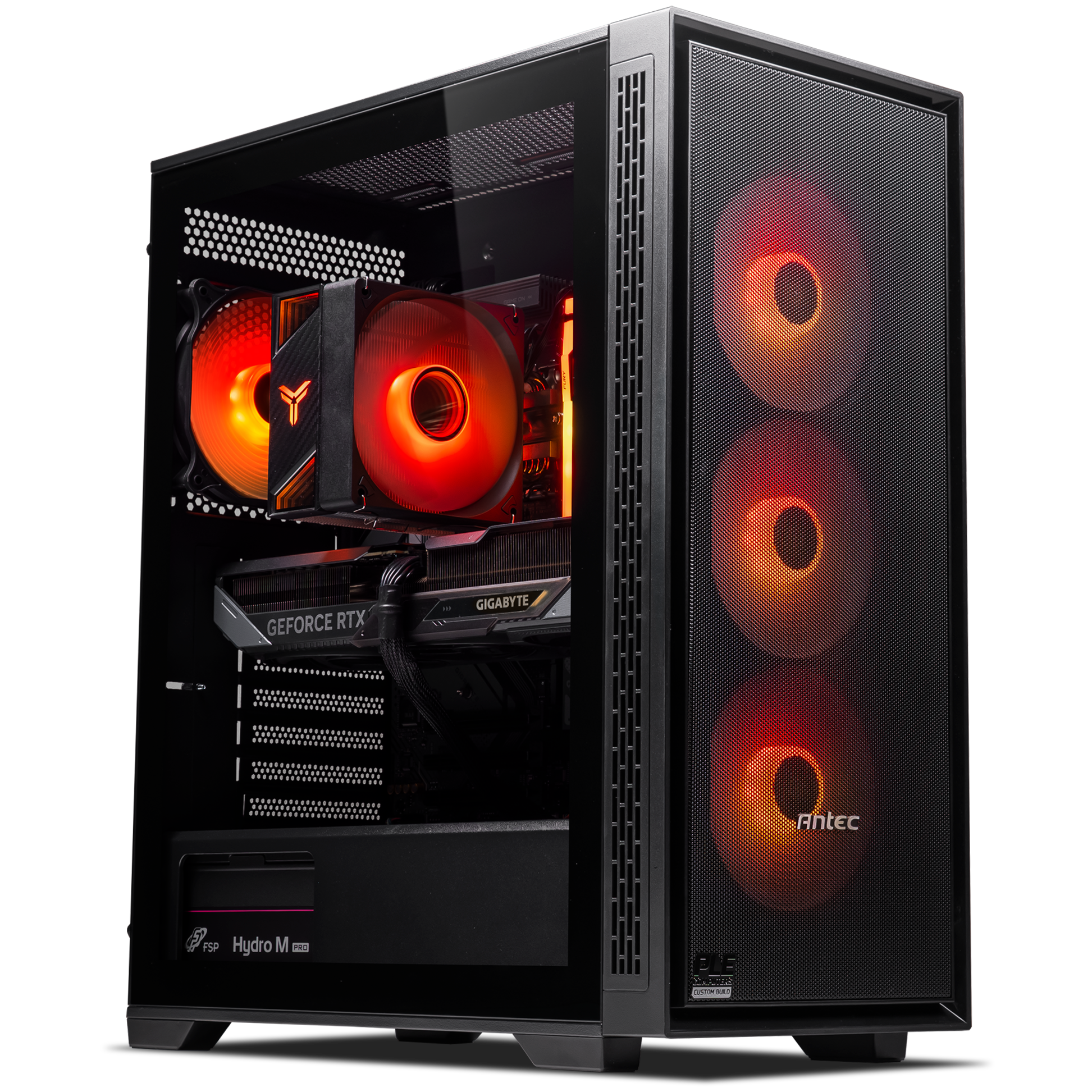 A large main feature product image of PLE Flame RTX 5070 Prebuilt Ready To Go Gaming PC