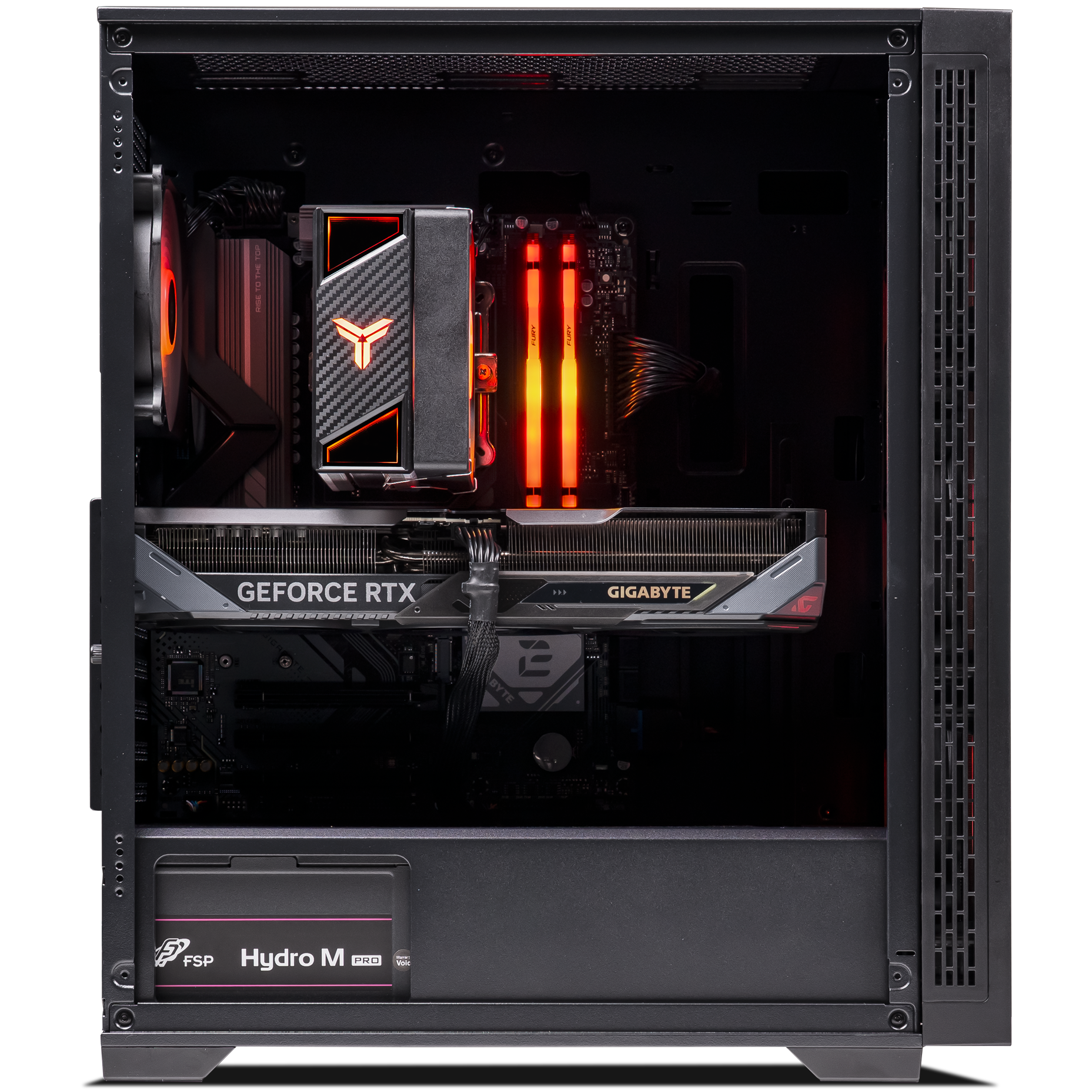 A large main feature product image of PLE Flame RTX 5070 Prebuilt Ready To Go Gaming PC