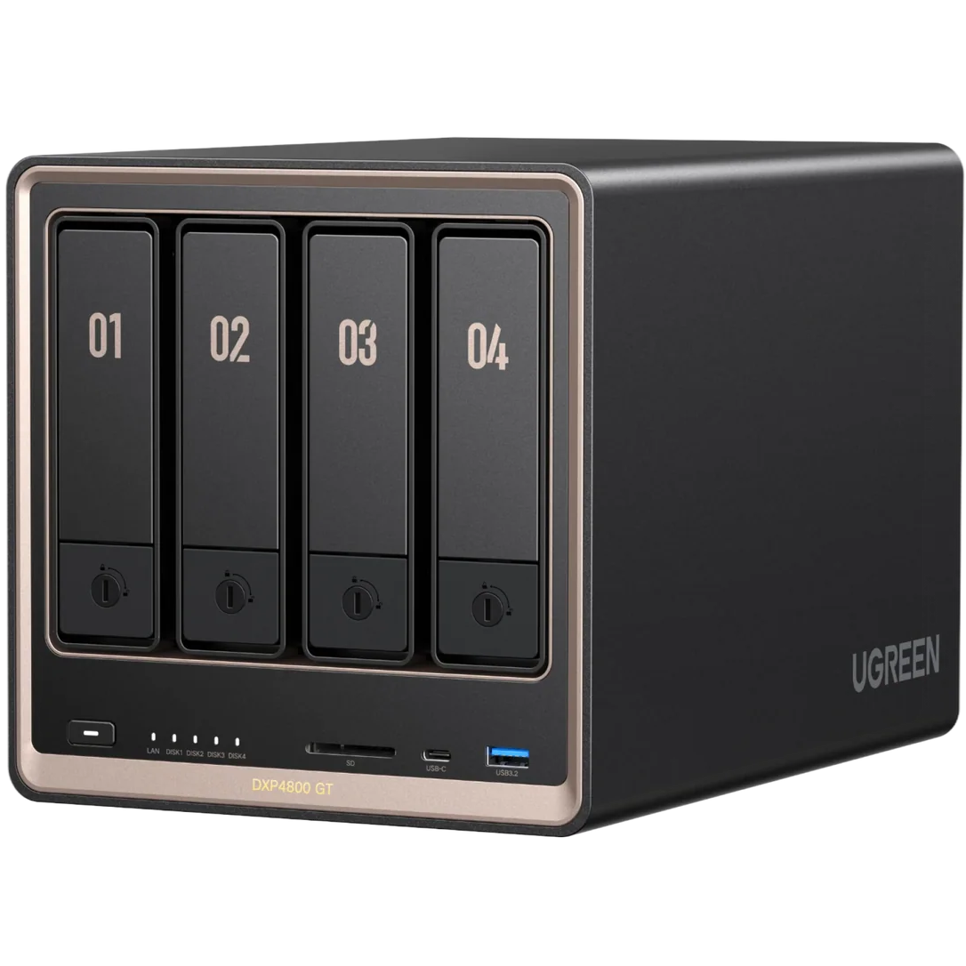 A large main feature product image of UGREEN NASync DXP4800GT 4-Bay NAS (3.7GHz Ryzen 4-Core, 8GB RAM, 10GbE)
