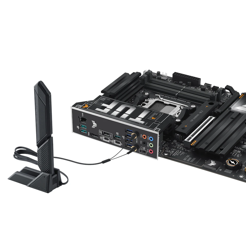 A large main feature product image of EX-DEMO ASUS TUF Gaming X870-PLUS WiFi AM5 ATX Desktop Motherboard