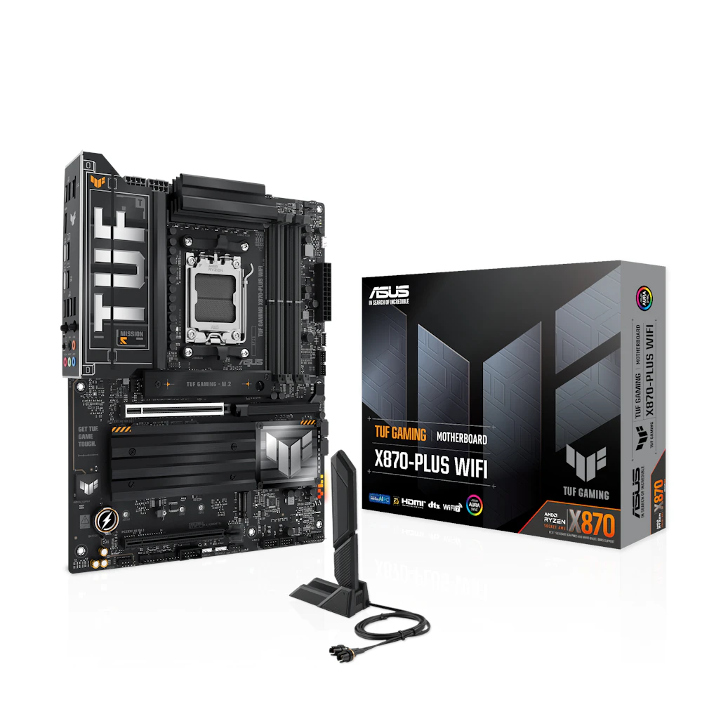 A large main feature product image of EX-DEMO ASUS TUF Gaming X870-PLUS WiFi AM5 ATX Desktop Motherboard