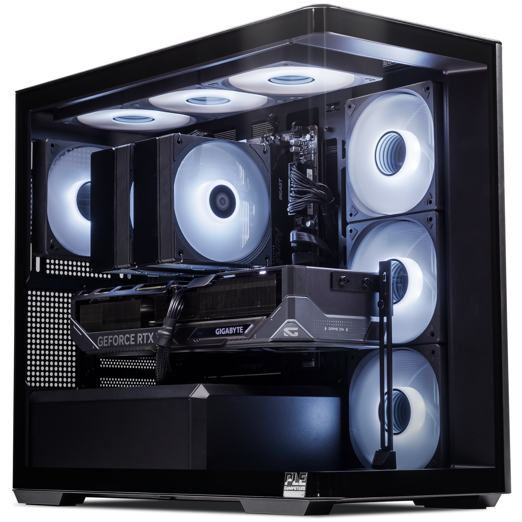 A large main feature product image of PLE Luna RTX 5080 Prebuilt Ready To Go Gaming PC