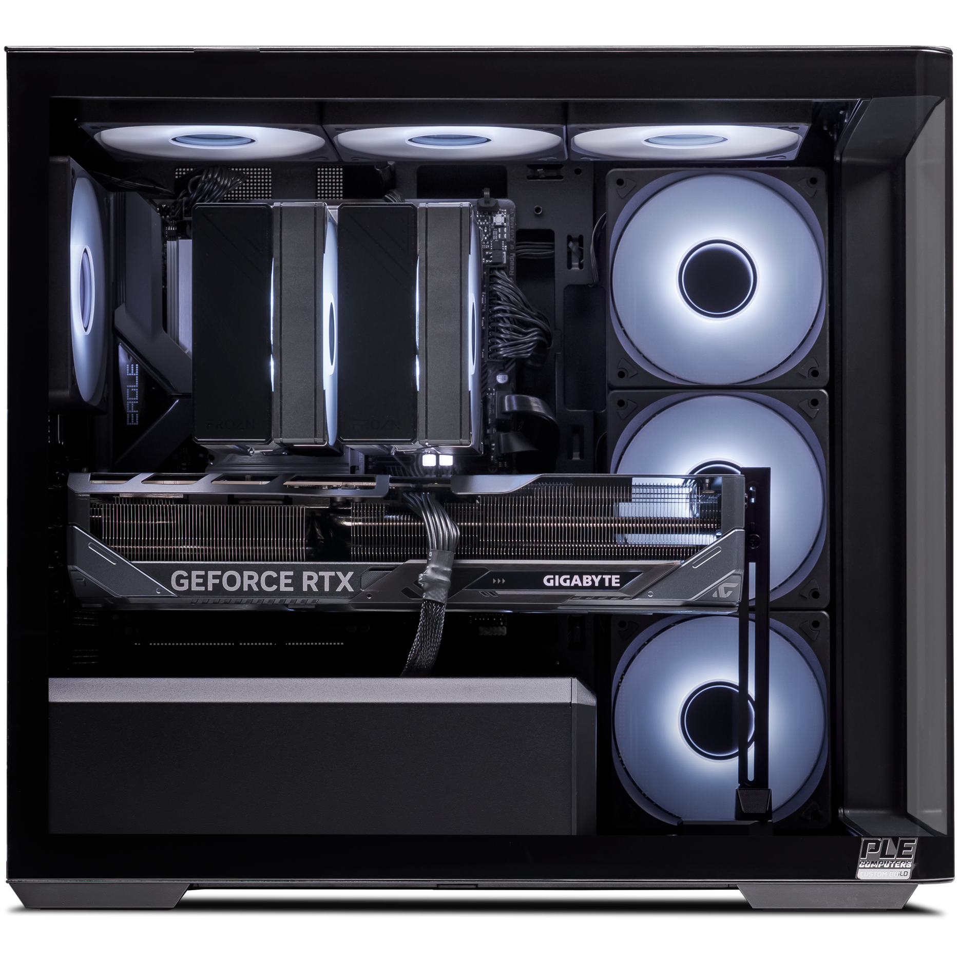 A large main feature product image of PLE Luna RTX 5080 Prebuilt Ready To Go Gaming PC