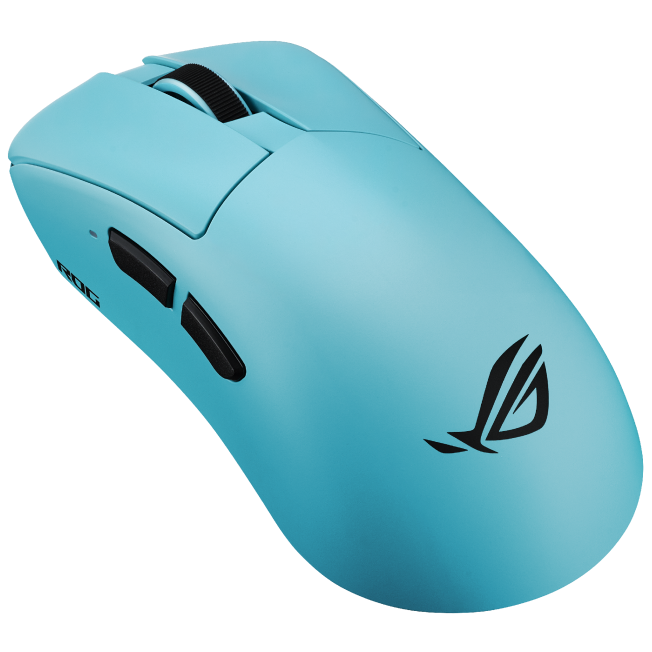 A large main feature product image of ASUS ROG Gladius IV Ace Gaming Mouse - Aqua Blue