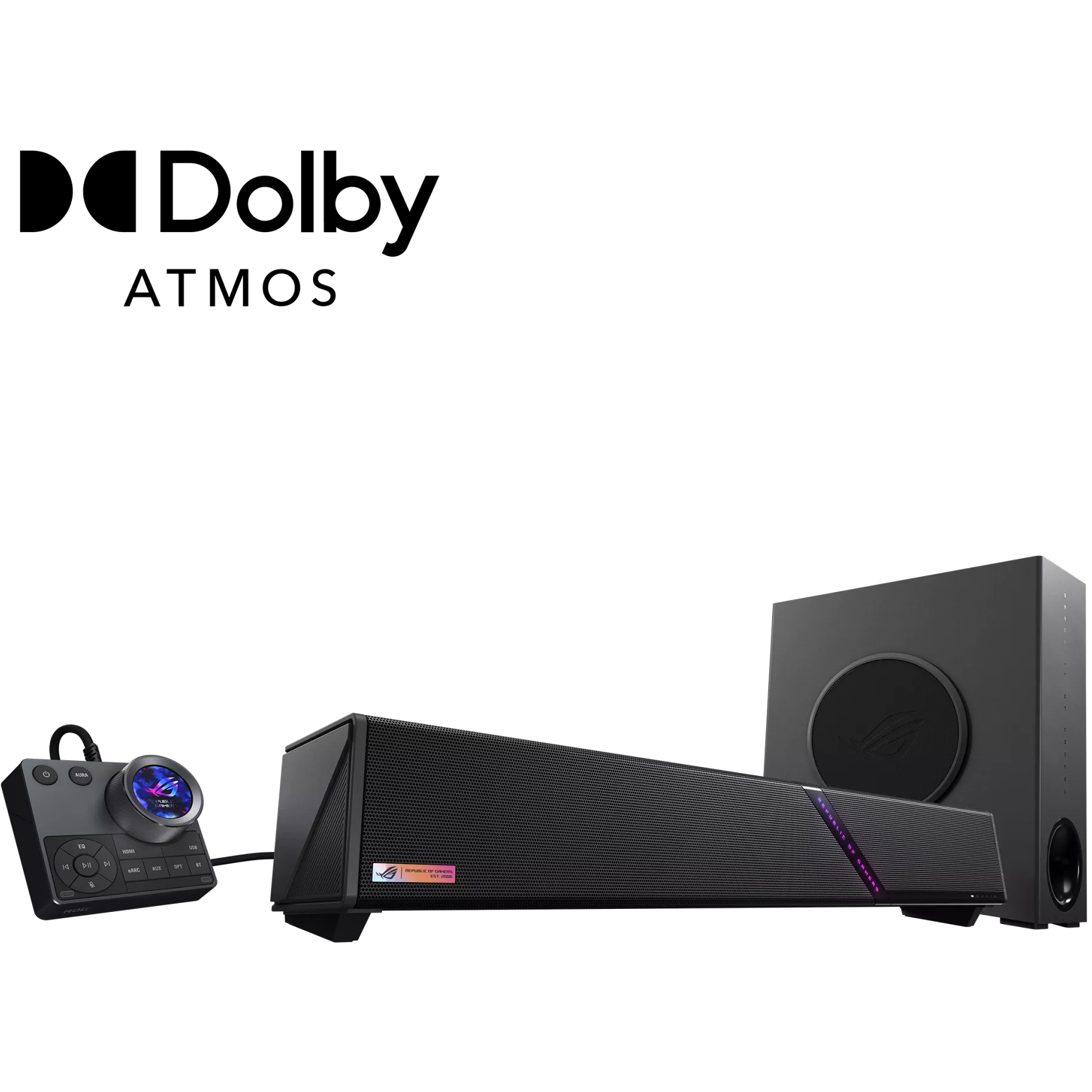A large main feature product image of ASUS ROG Gjallar Gaming Soundbar