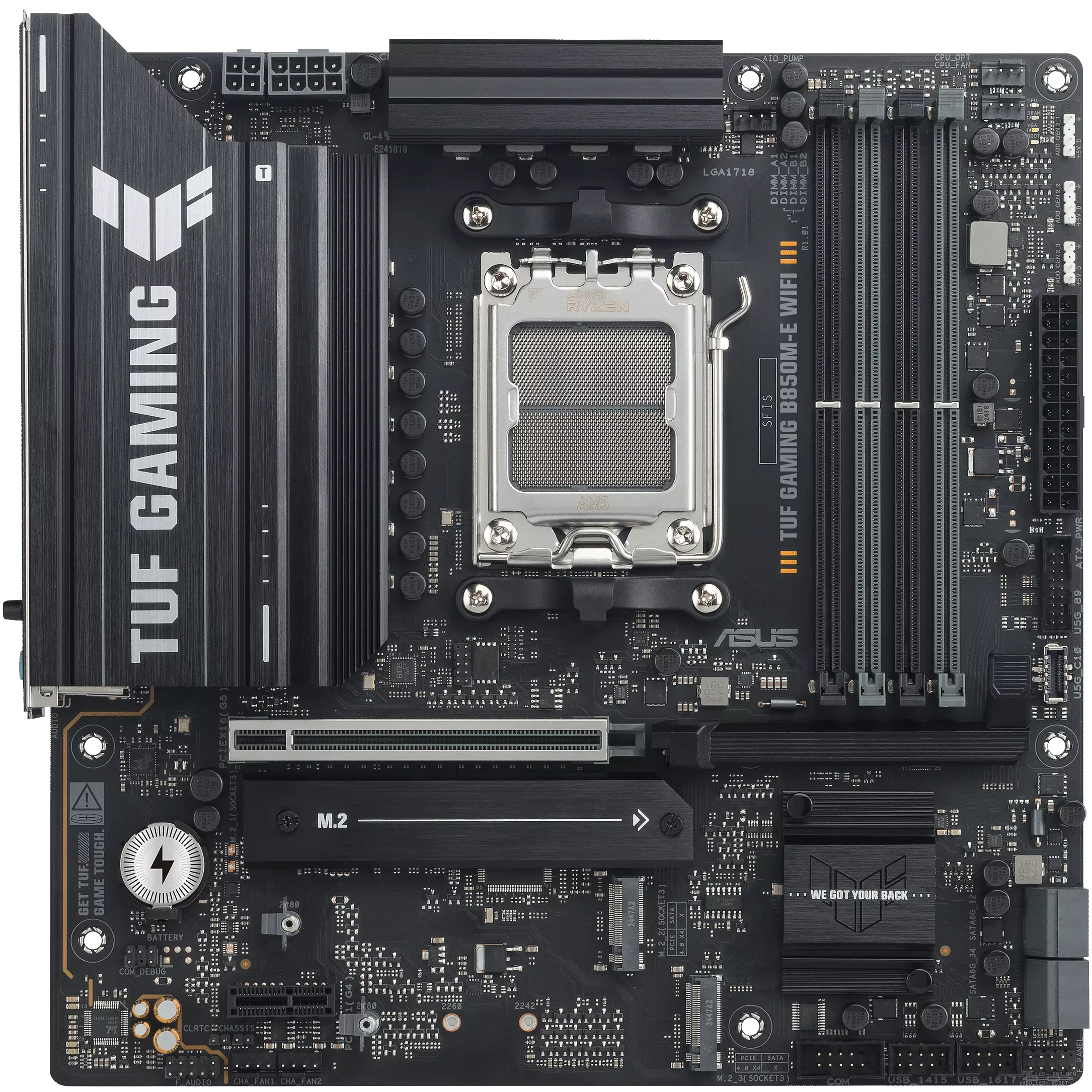 A large main feature product image of ASUS TUF Gaming B850M-E WiFi AM5 mATX Desktop Motherboard