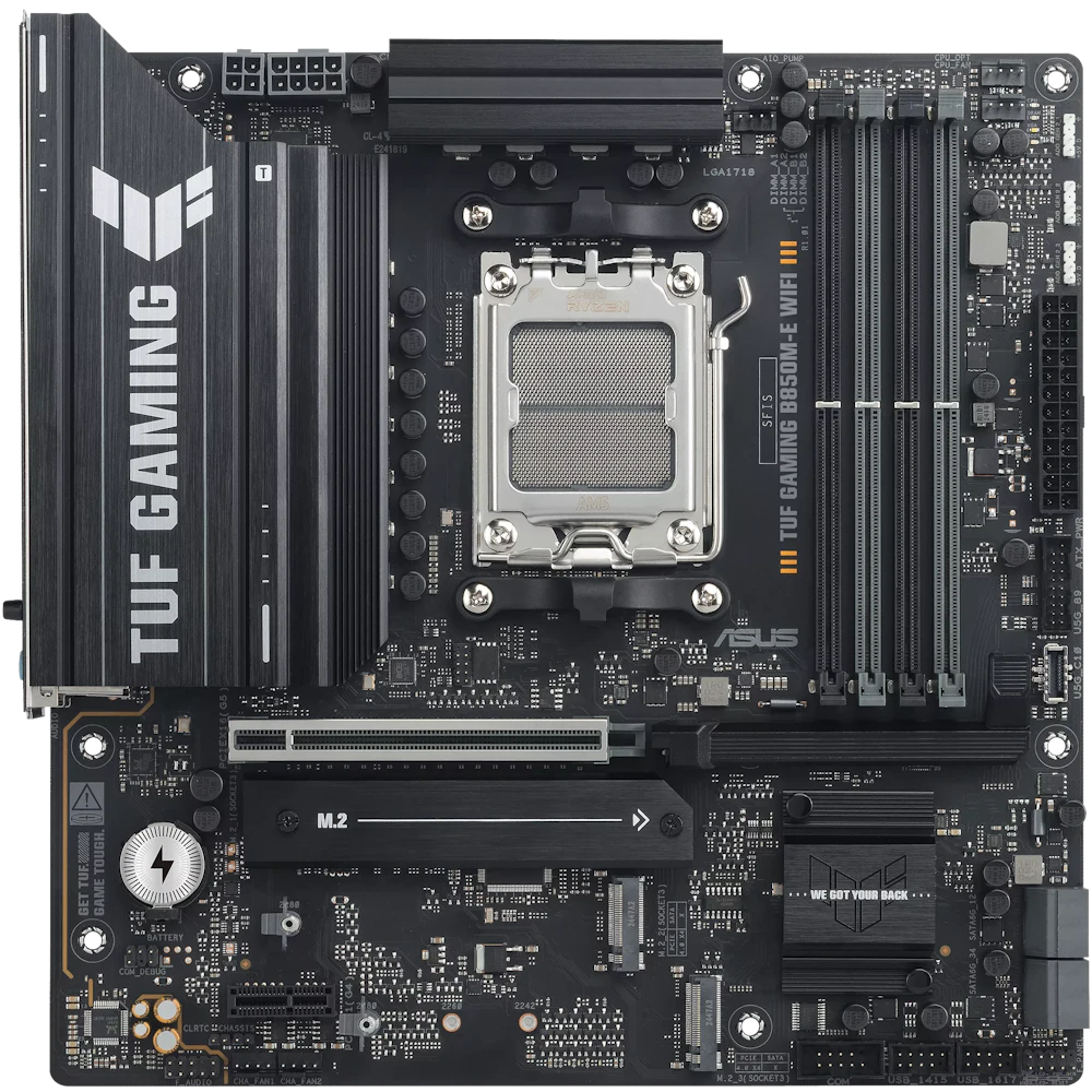 A large main feature product image of ASUS TUF Gaming B850M-E WiFi AM5 mATX Desktop Motherboard