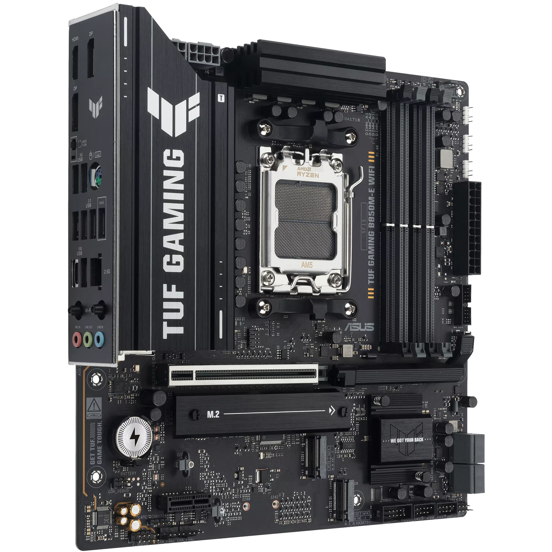 A large main feature product image of ASUS TUF Gaming B850M-E WiFi AM5 mATX Desktop Motherboard