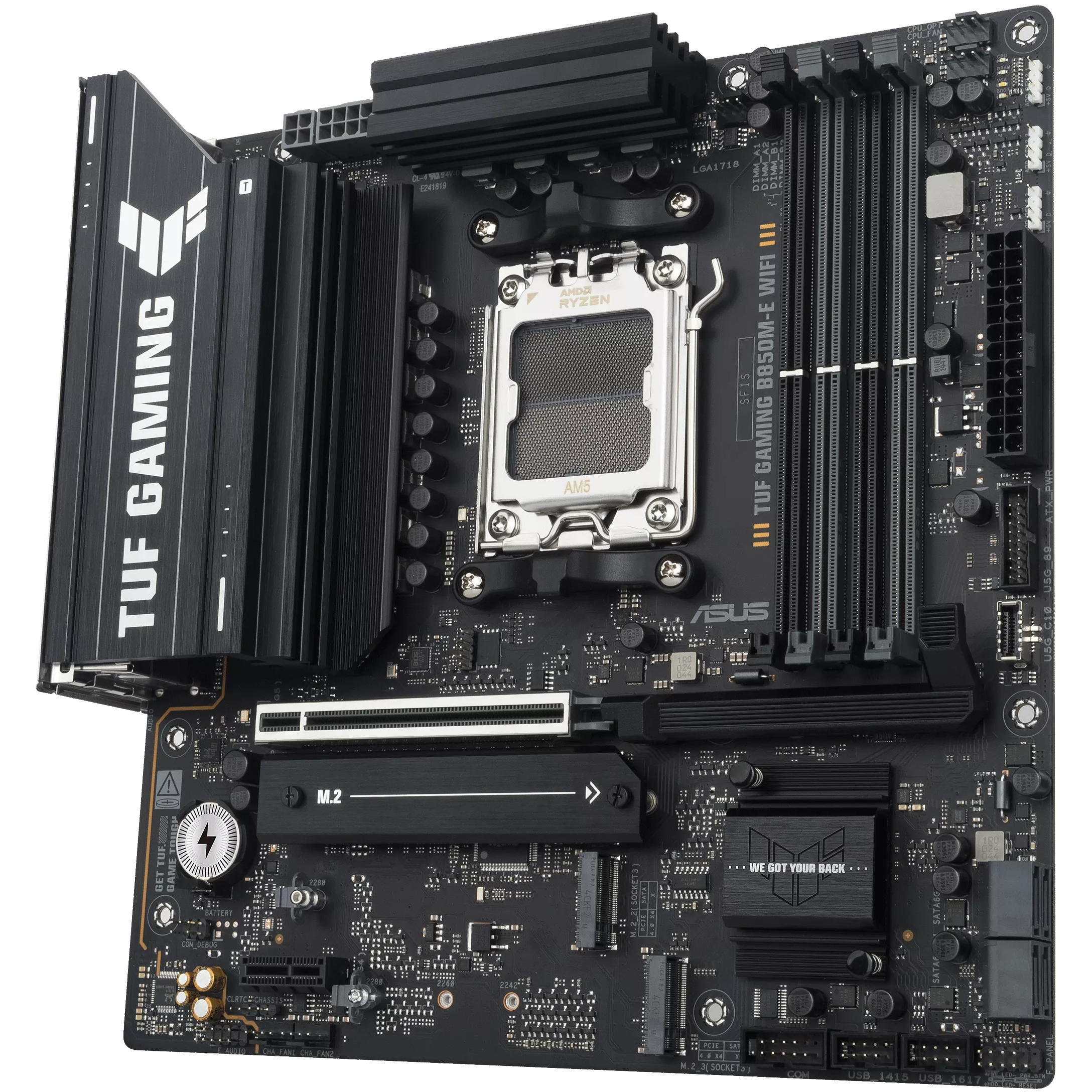 A large main feature product image of ASUS TUF Gaming B850M-E WiFi AM5 mATX Desktop Motherboard