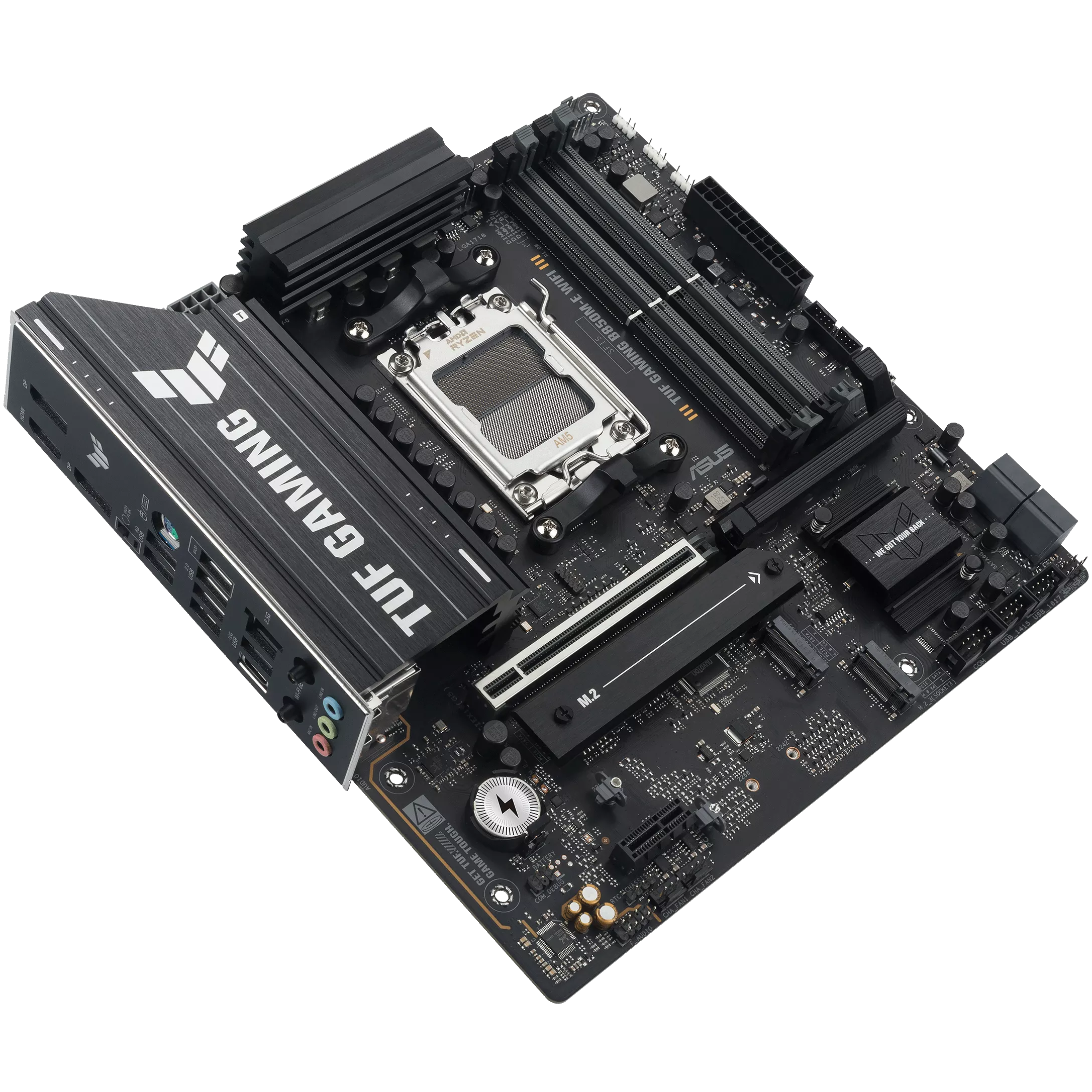 A large main feature product image of ASUS TUF Gaming B850M-E WiFi AM5 mATX Desktop Motherboard
