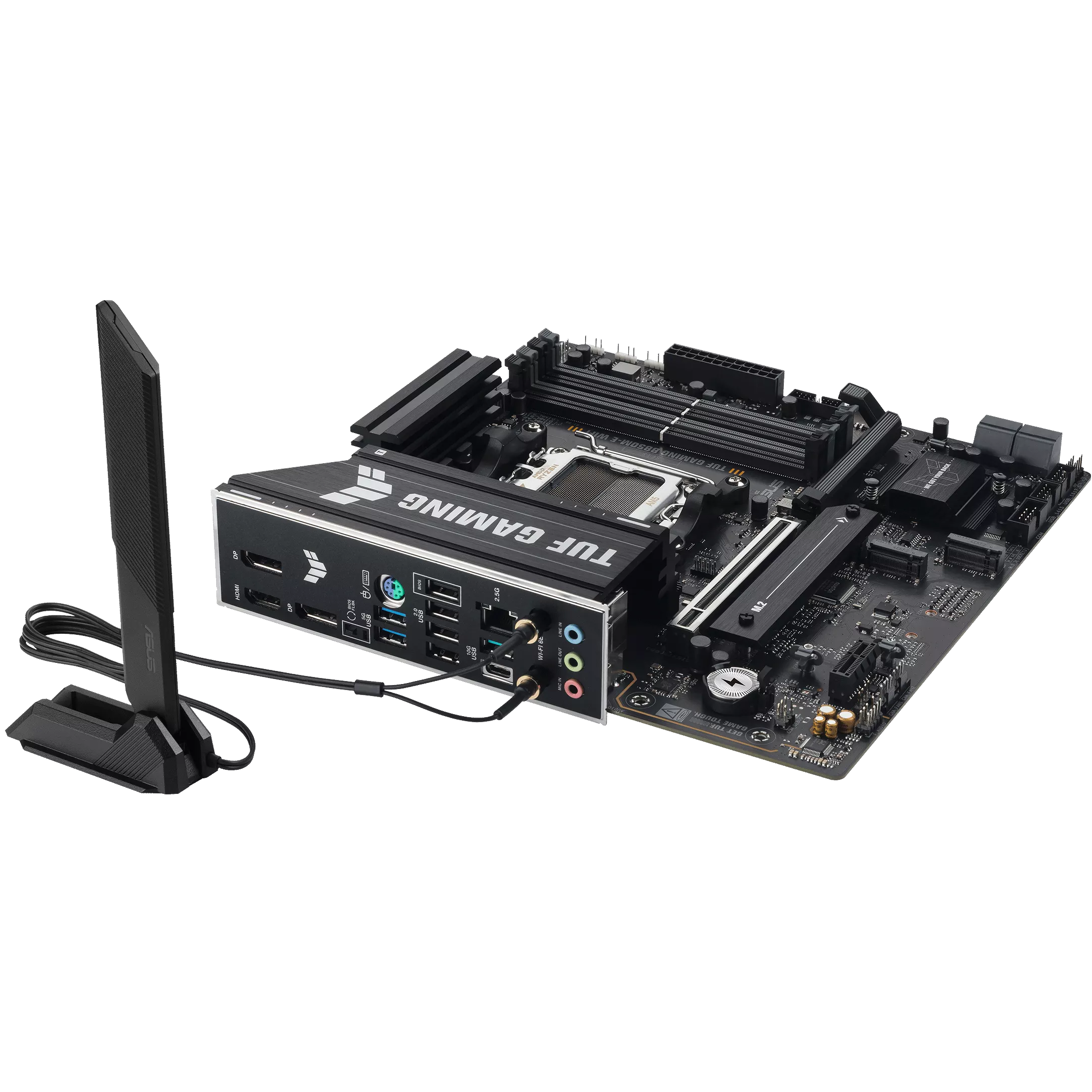 A large main feature product image of ASUS TUF Gaming B850M-E WiFi AM5 mATX Desktop Motherboard