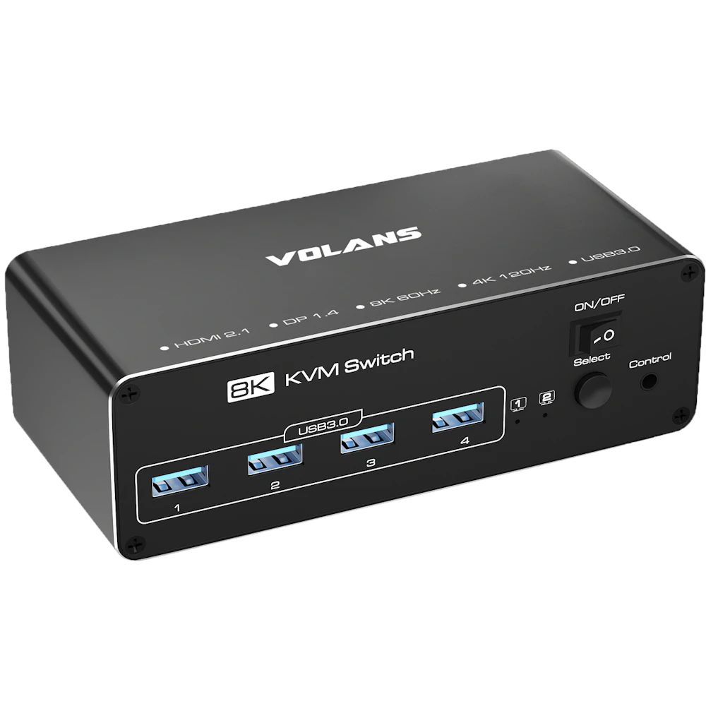 A large main feature product image of EX-DEMO Volans HDMI and DP Dual Monitor (8K@60Hz) KVM Switch with 4xUSB3.0