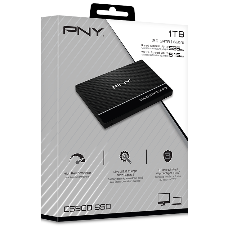 A large main feature product image of PNY CS900 SATA III 2.5" SSD - 1TB