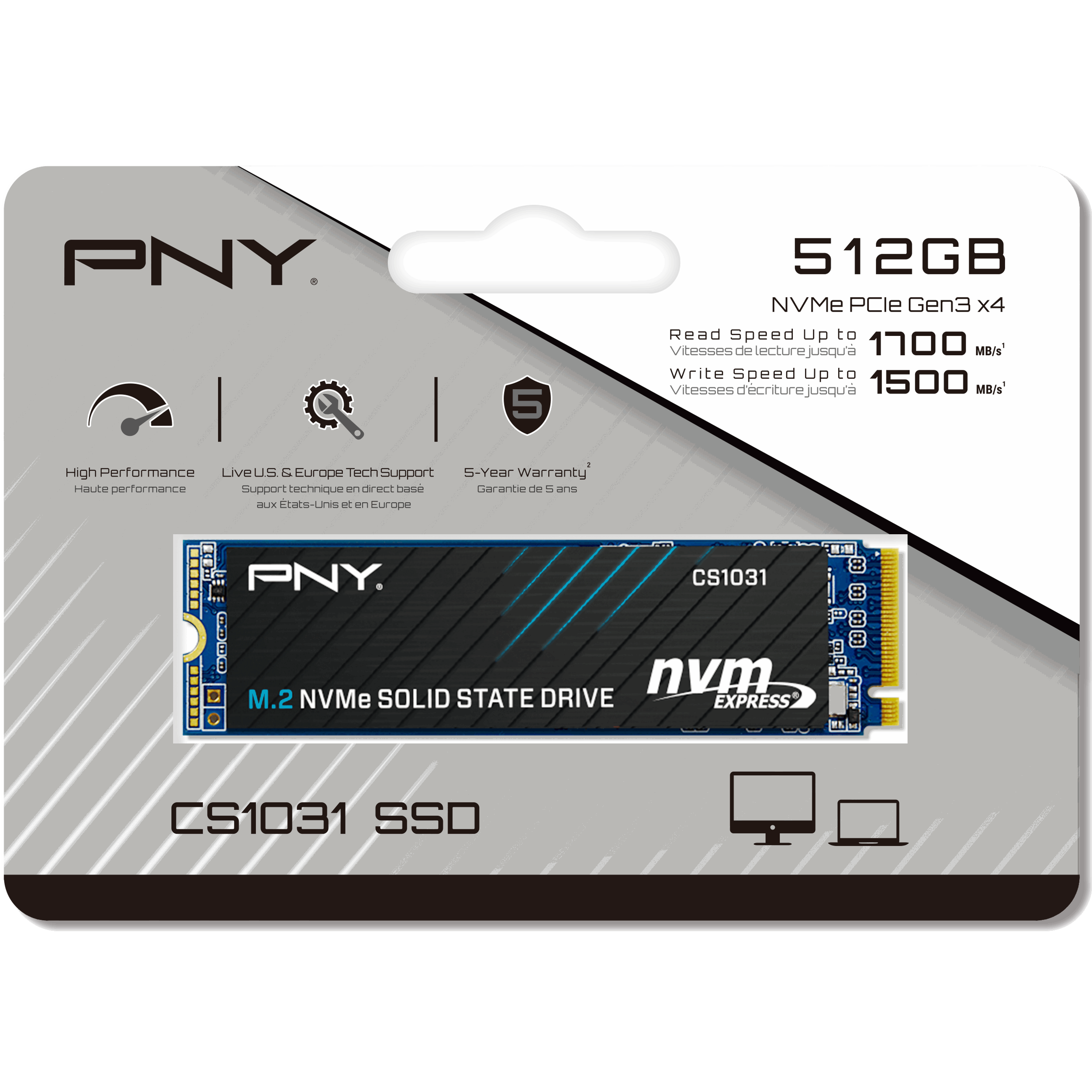 A large main feature product image of PNY CS1031 PCIe Gen3 NVMe M.2 SSD - 500GB