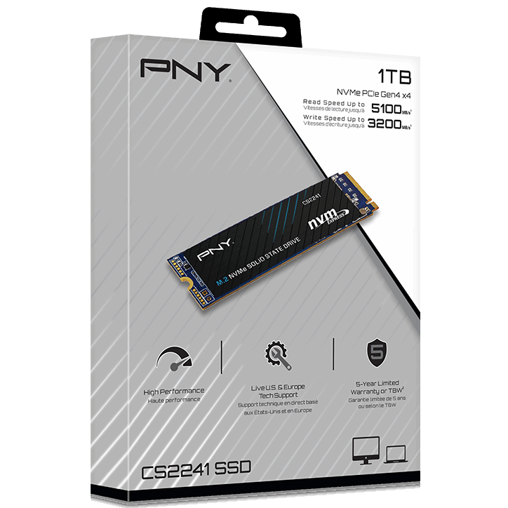 A large main feature product image of PNY CS2241 PCIe Gen4 NVMe M.2 SSD - 500GB