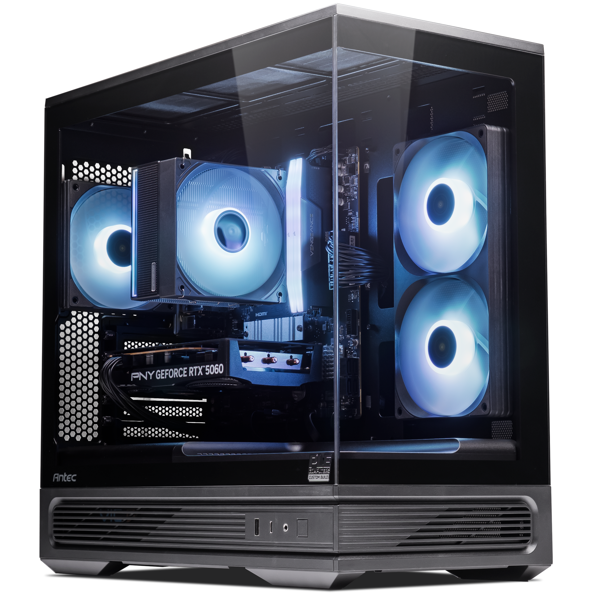 A large main feature product image of PLE Flow RTX 5060 Prebuilt Ready To Go Gaming PC