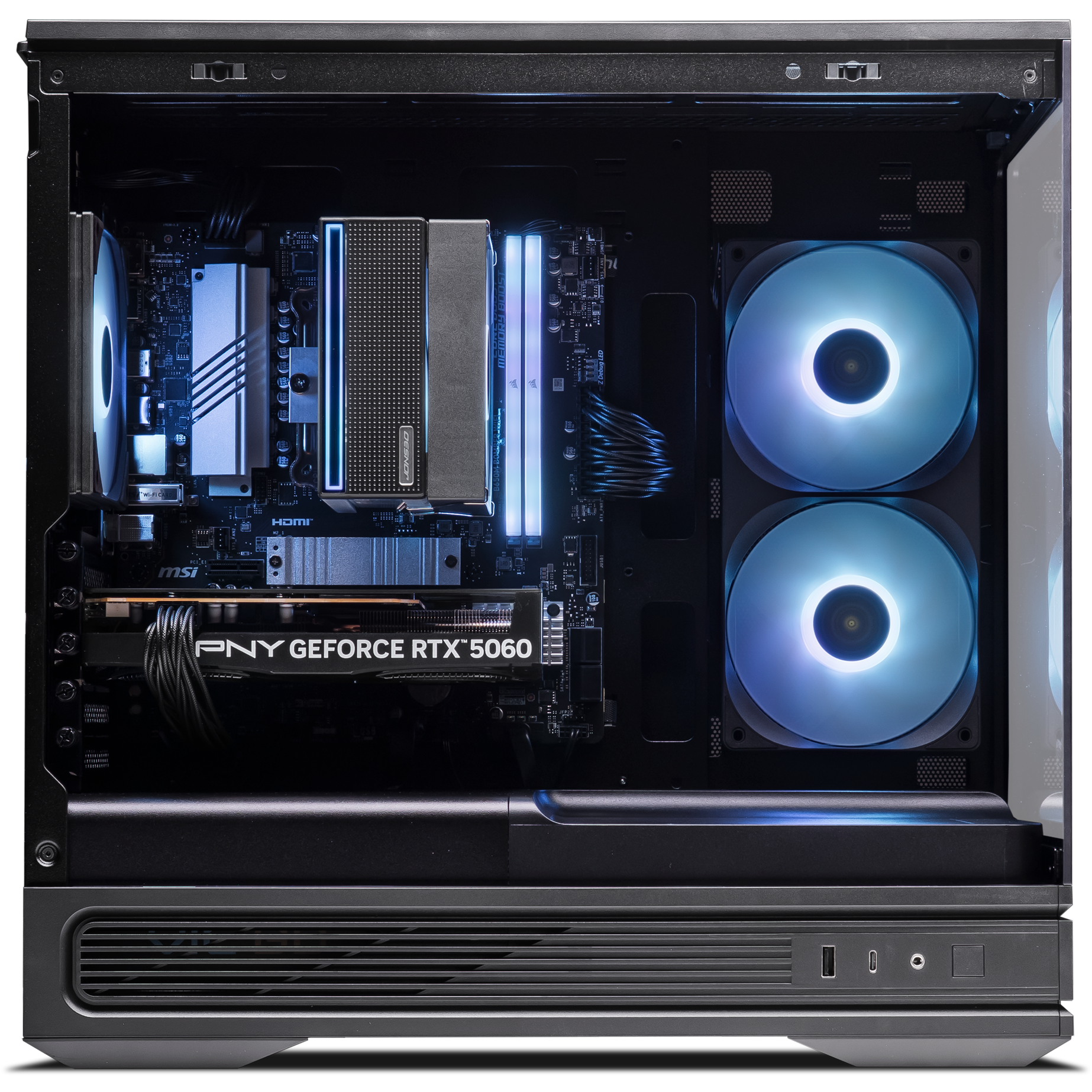 A large main feature product image of PLE Flow RTX 5060 Prebuilt Ready To Go Gaming PC