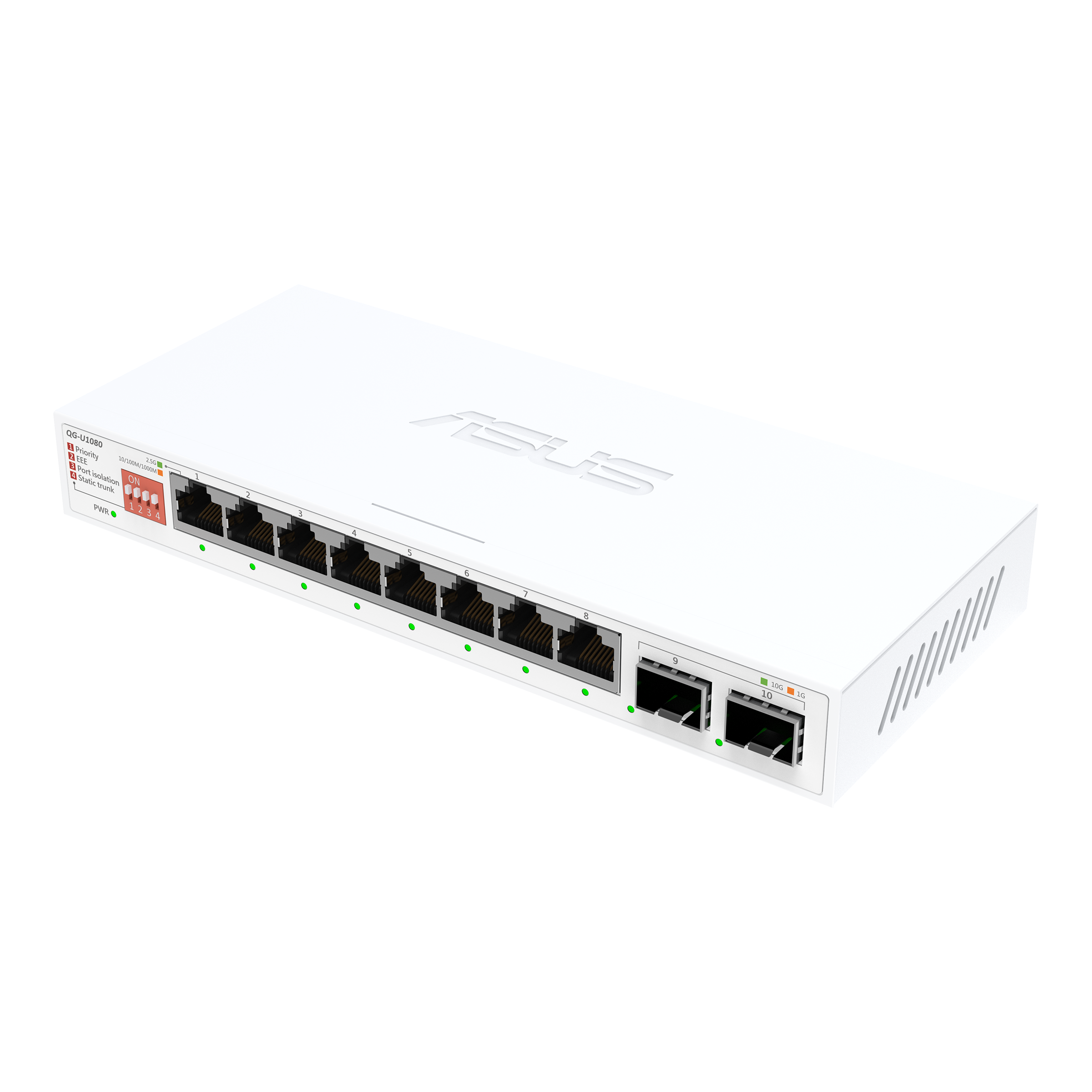 A large main feature product image of ASUS QG-U1080 8-Port 2.5G / 2-Port 10G SFP+ Unmanaged Switch