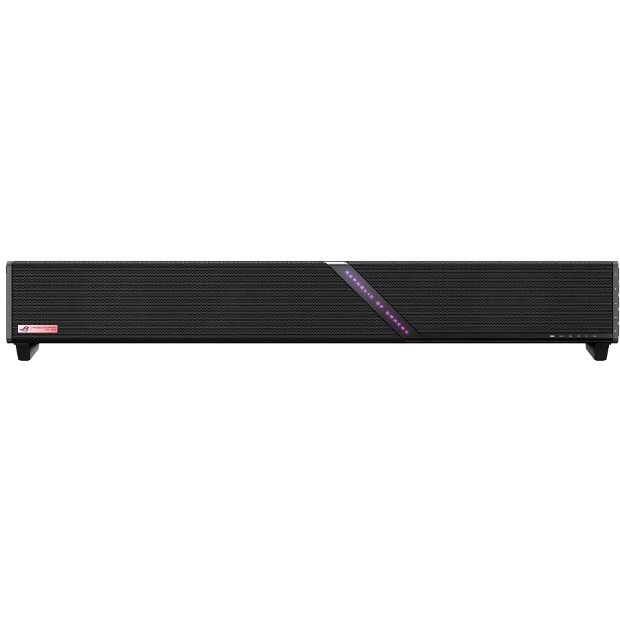 A large main feature product image of ASUS ROG Gjallar Gaming Soundbar