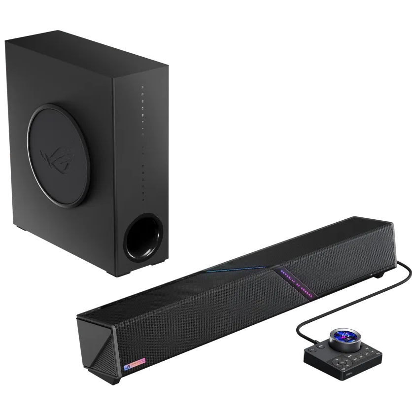 A large main feature product image of ASUS ROG Gjallar Gaming Soundbar