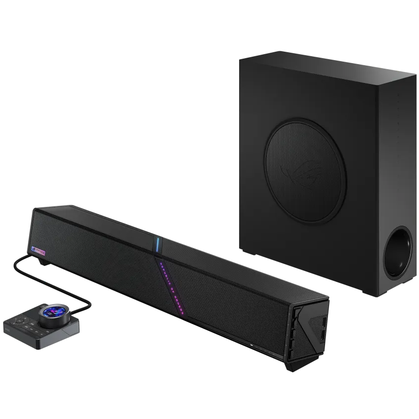 A large main feature product image of ASUS ROG Gjallar Gaming Soundbar