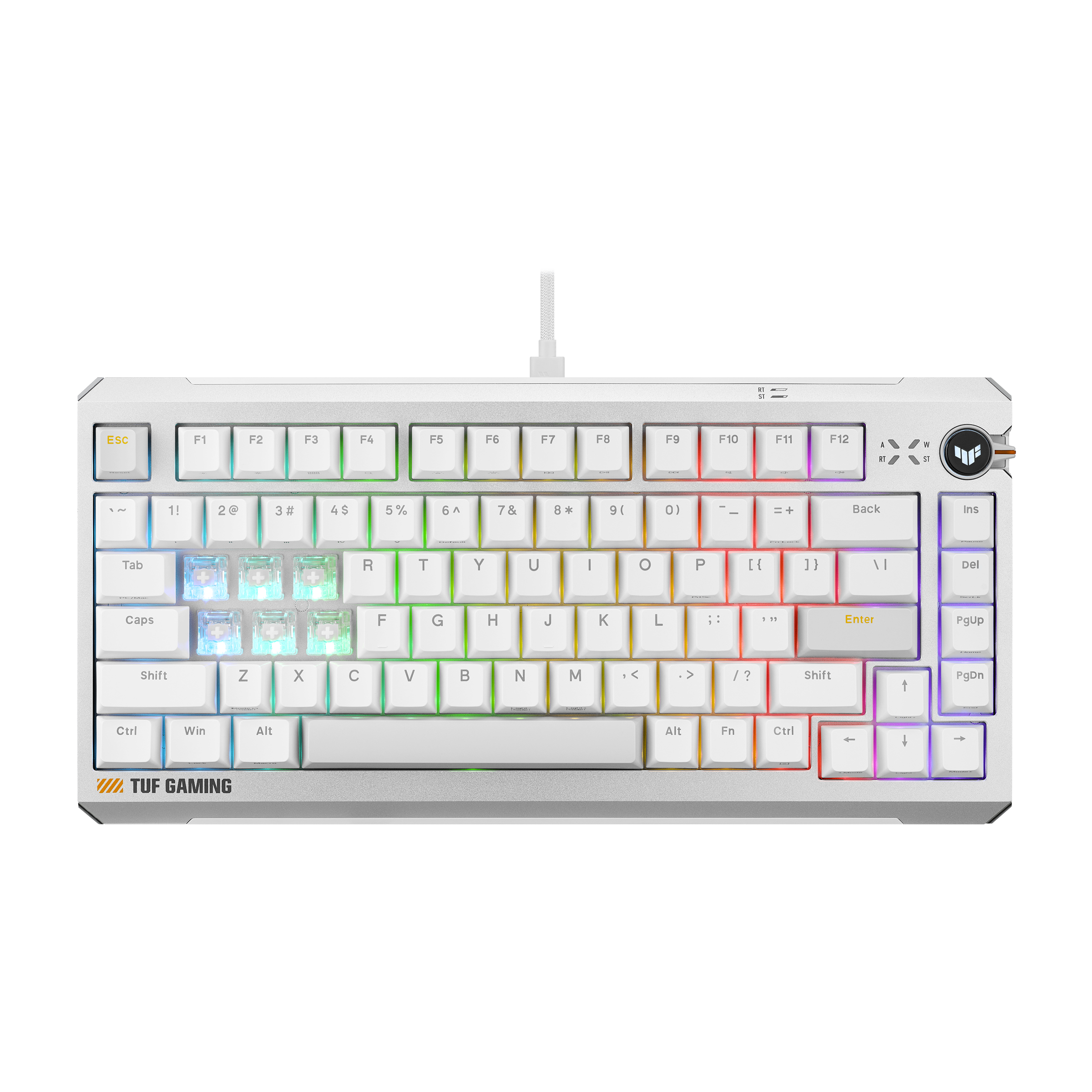 A large main feature product image of ASUS TUF Gaming K4 Magnetic Gaming Keyboard White