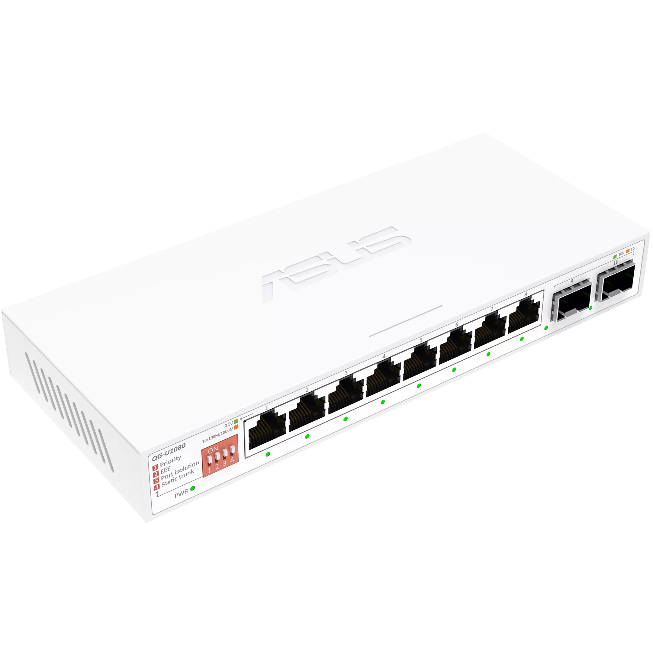 A large main feature product image of ASUS QG-U1080 8-Port 2.5G / 2-Port 10G SFP+ Unmanaged Switch