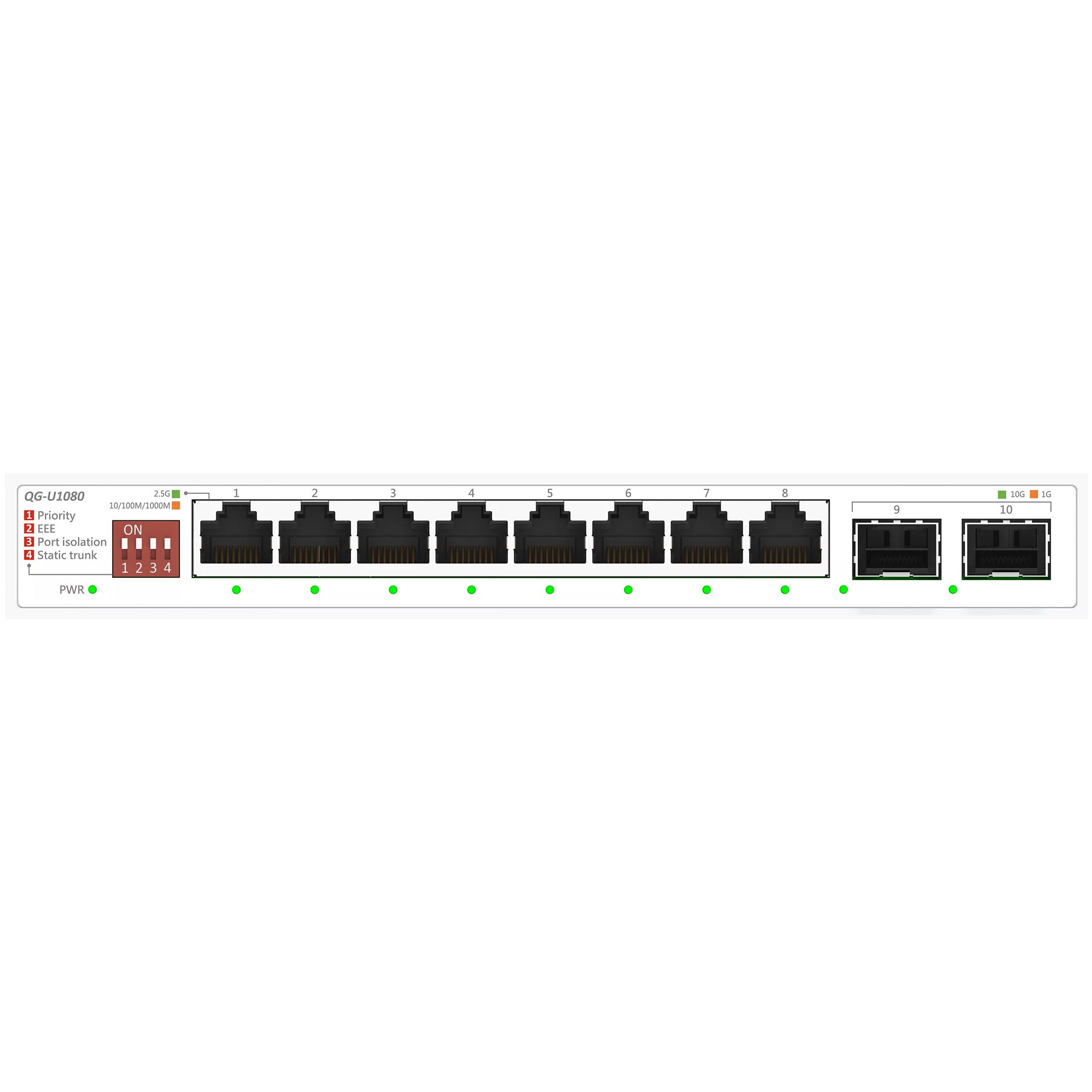 A large main feature product image of ASUS QG-U1080 8-Port 2.5G / 2-Port 10G SFP+ Unmanaged Switch