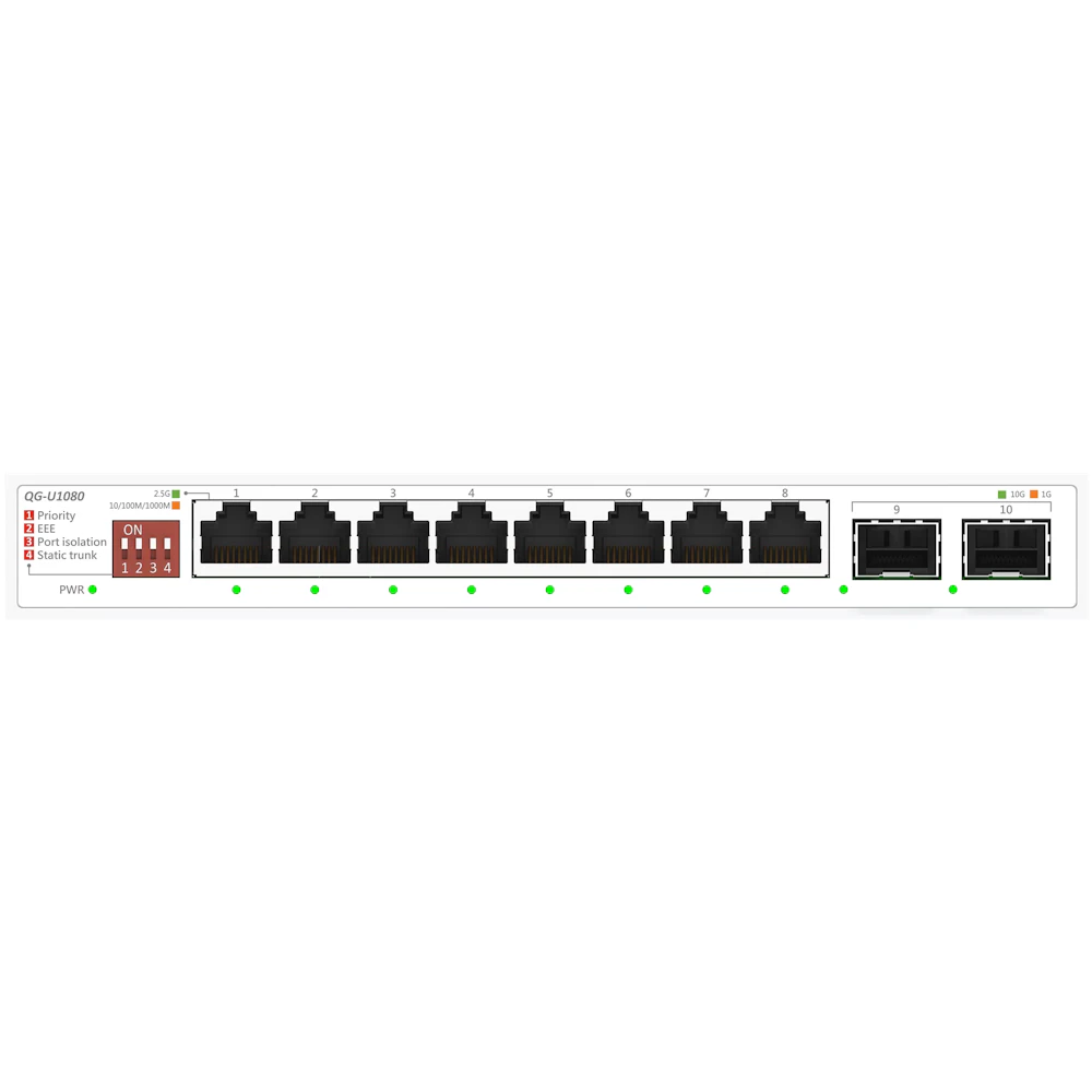 A large main feature product image of ASUS QG-U1080 8-Port 2.5G / 2-Port 10G SFP+ Unmanaged Switch