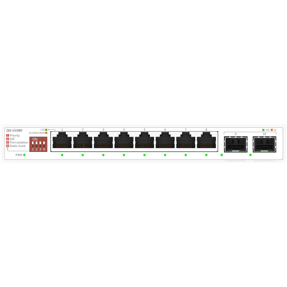 A large main feature product image of ASUS QG-U1080 8-Port 2.5G / 2-Port 10G SFP+ Unmanaged Switch