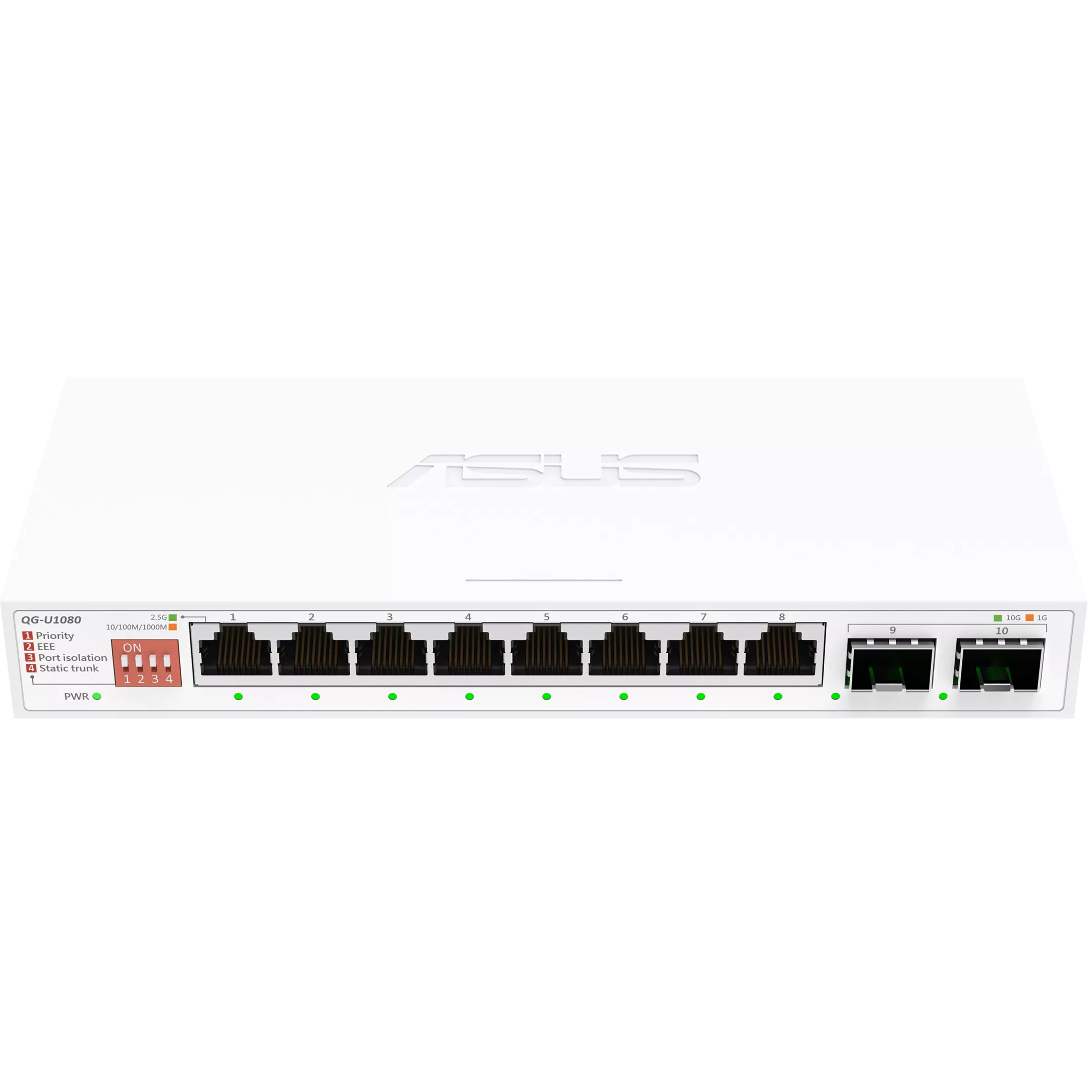 A large main feature product image of ASUS QG-U1080 8-Port 2.5G / 2-Port 10G SFP+ Unmanaged Switch