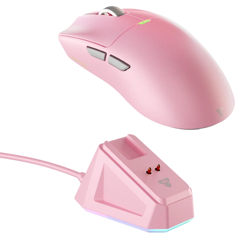 A large main feature product image of Fantech TANTO S Tri-Mode 8K Wireless Gaming Mouse with RGB Charging Dock - Pink