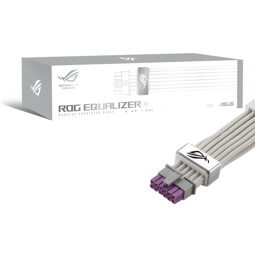 A large main feature product image of ASUS ROG Equalizer 12VHPWR Sleeved Cable - White