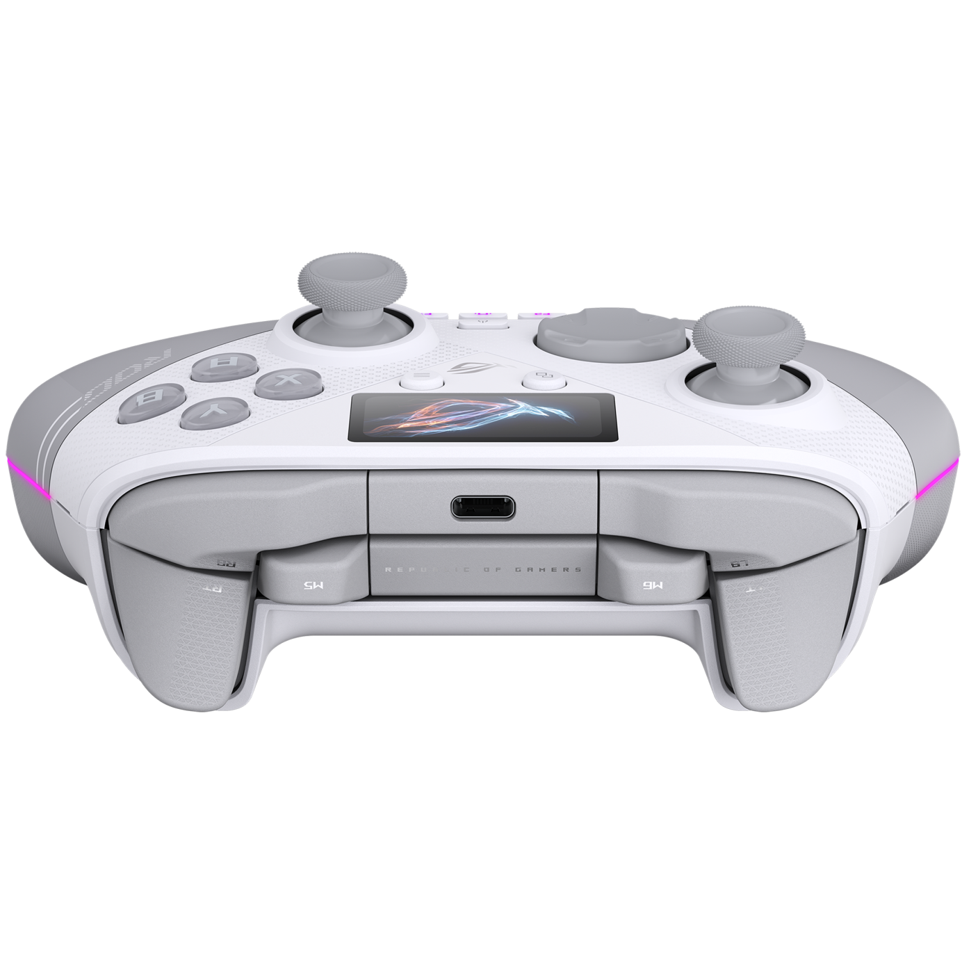 A large main feature product image of ASUS ROG Raikiri II Pro Tri-Mode Wireless PC Controller White