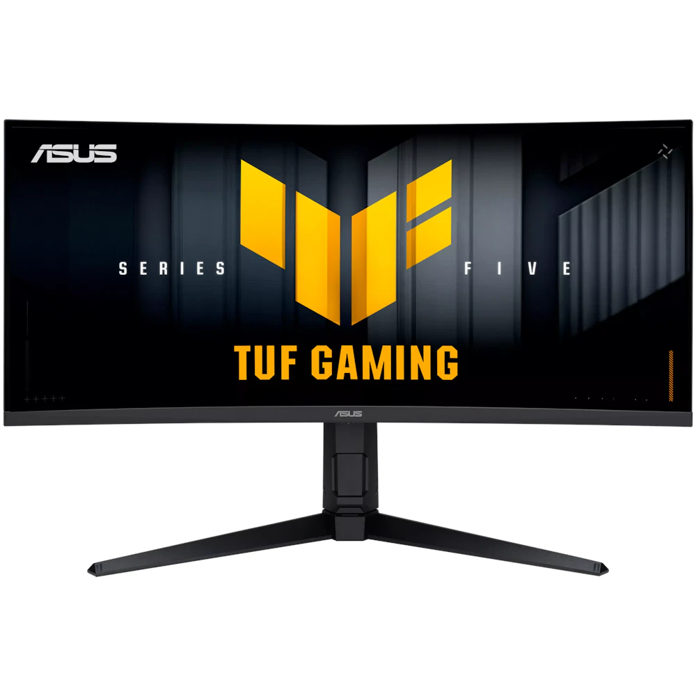A large main feature product image of ASUS TUF Gaming VG34WQL5A - 34" Curved 1440p 200Hz / 720p 400Hz Dual Mode 0.5ms Fast VA Gaming Monitor