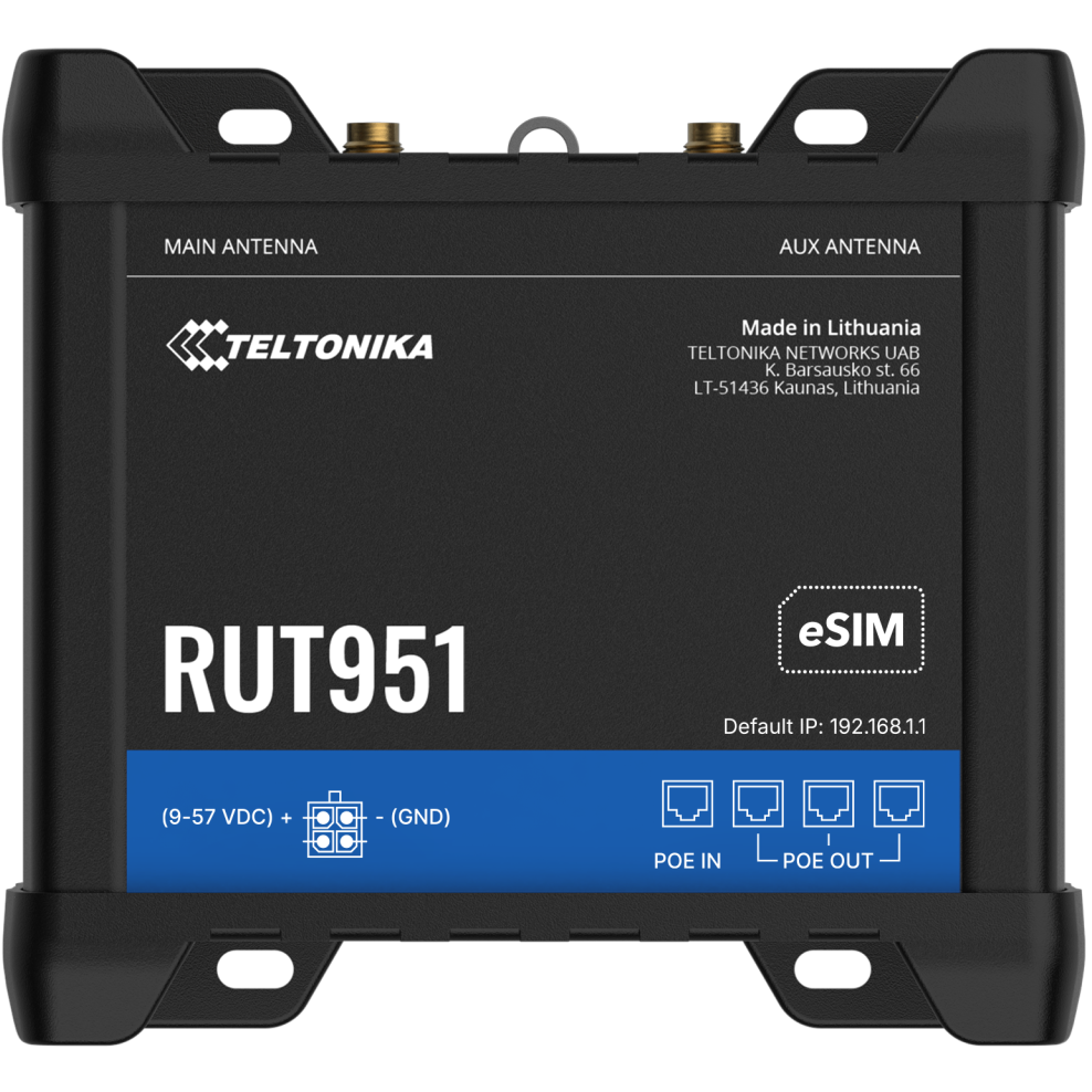 A large main feature product image of Teltonika RUT951 Industrial PoE+ Dual Sim Cellular Router