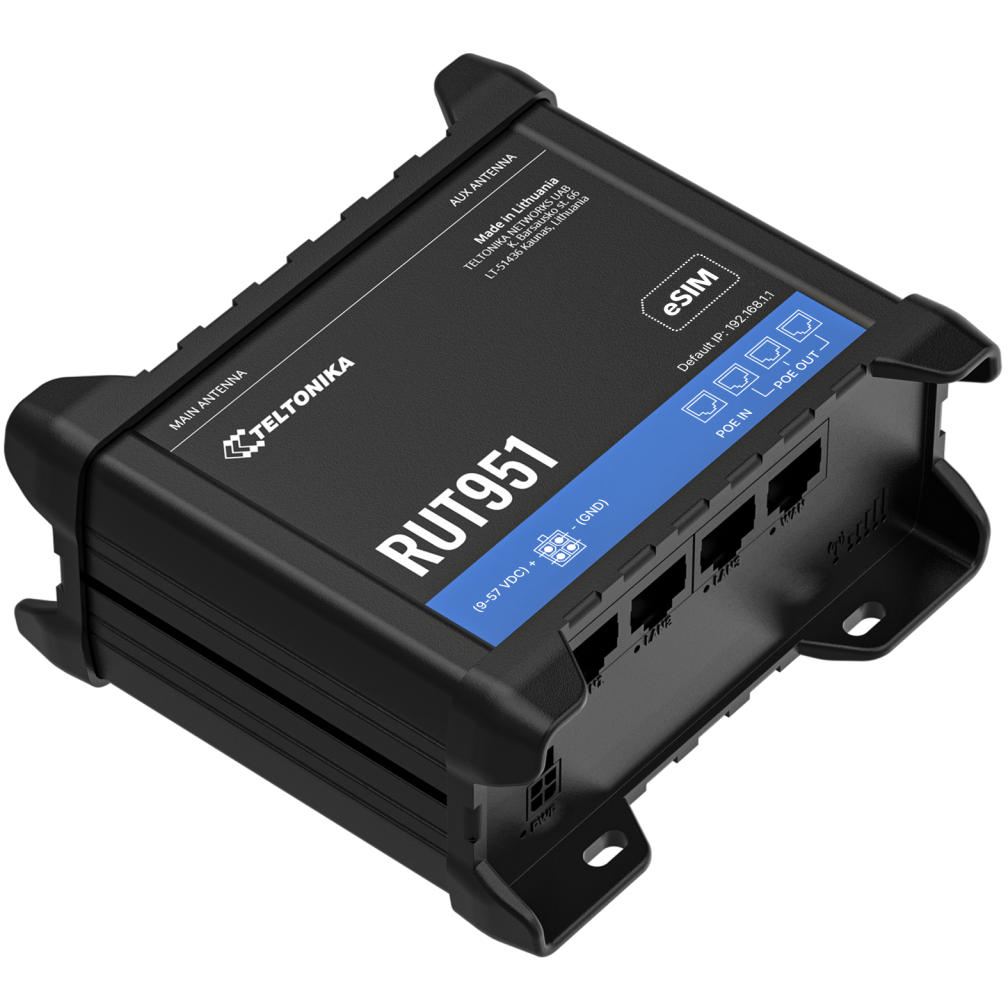 A large main feature product image of Teltonika RUT951 Industrial PoE+ Dual Sim Cellular Router